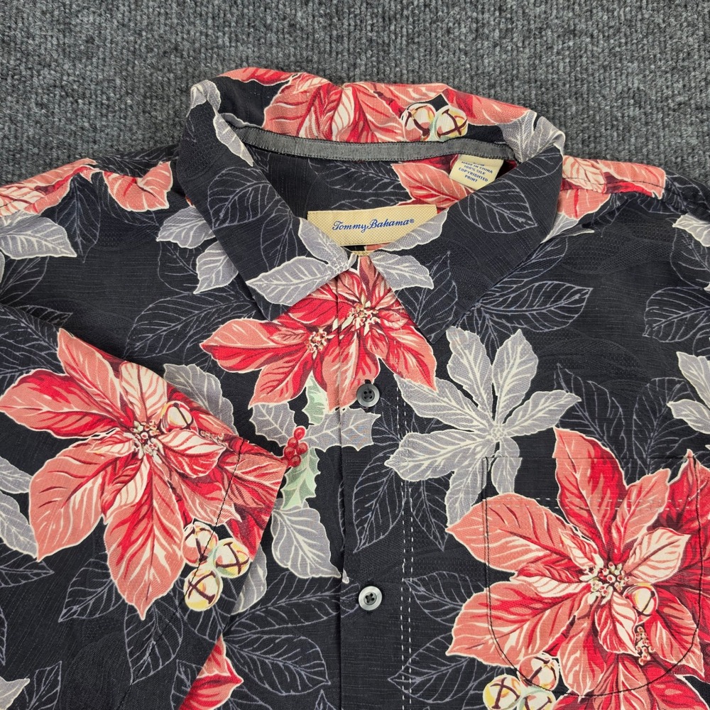 Tommy Bahama Silk Shirt Men's L Festive Flora Camp Poinsettia Christmas Aloha